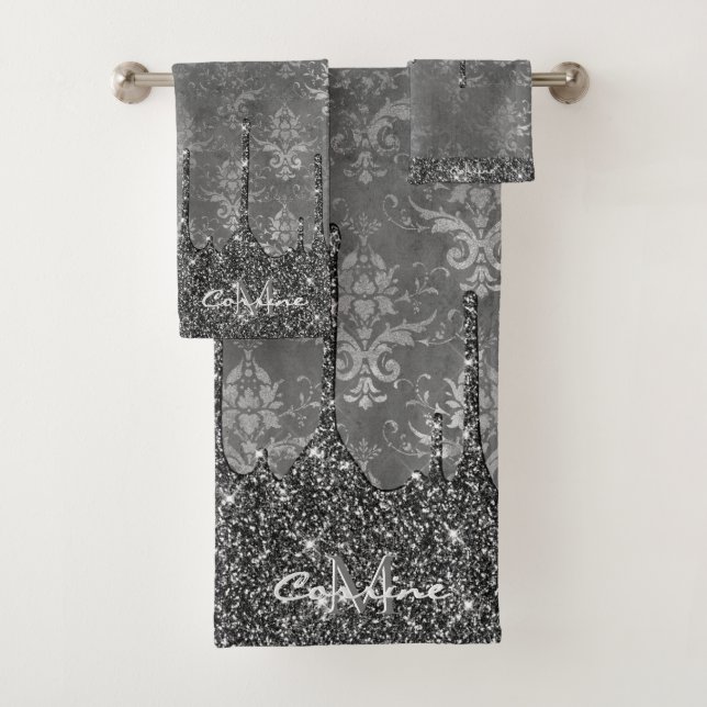 Monogram Metallic Dripping Black Glitter Damask Bath Towel Set (Insitu)