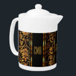 Monogram Metallic Gold and Black Damask<br><div class="desc">Teapot. Featuring a beautiful Monogram Metallic Gold and Black Damask Pattern. A charming accent to add to your home or give for a housewarming gift. 📌If you need further customisation, please click the "Click to Customise further" or "Customise or Edit Design" button and use our design tool to resize, rotate,...</div>
