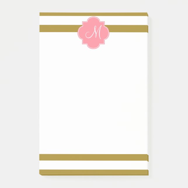 Monogram Metallic Gold and Pink Striped Pattern Post-it Notes (Front)