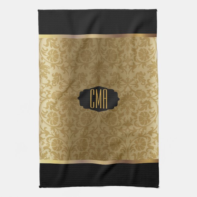 Monogram Metallic Gold & Floral Damask Pattern Tea Towel (Vertical)