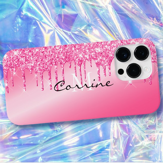Monogram Metallic Hot Pink Glitter Drips Android + Case-Mate iPhone Case (Creator Uploaded)
