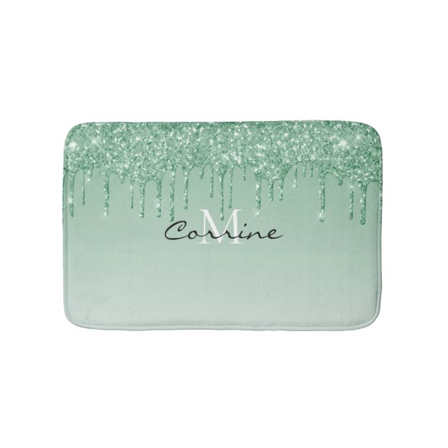 Monogram Metallic Mint Green Glitter Dripping Bath Mat (Front)