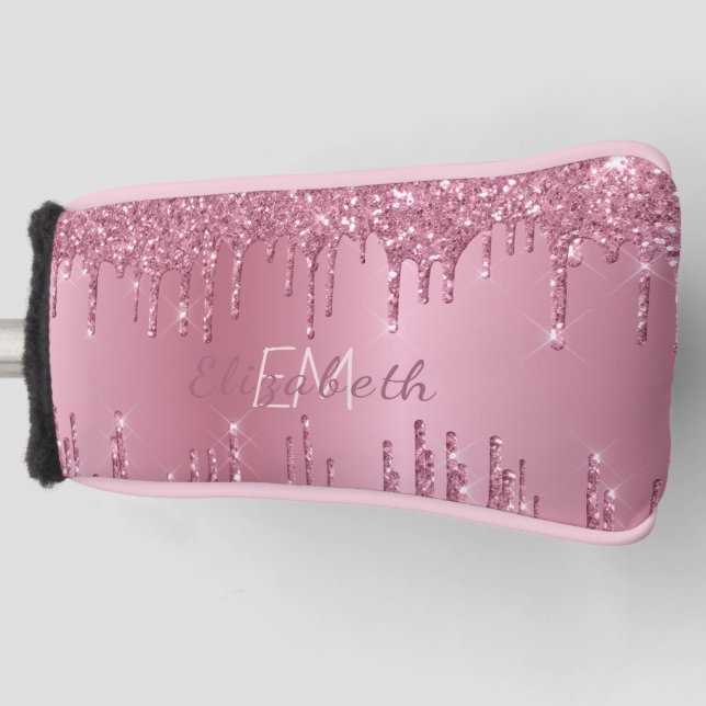 Monogram Metallic Pink Dripping Glitter Girly  Golf Head Cover (Front)