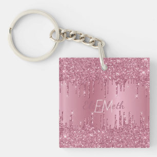 Monogram Metallic Pink Dripping Glitter Girly Key Ring