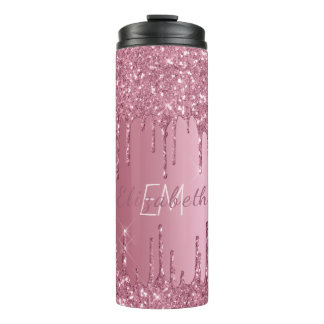 Monogram Metallic Pink Dripping Glitter Girly Thermal Tumbler