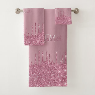 Monogram Metallic Pink Dripping Glitter Modern Bath Towel Set