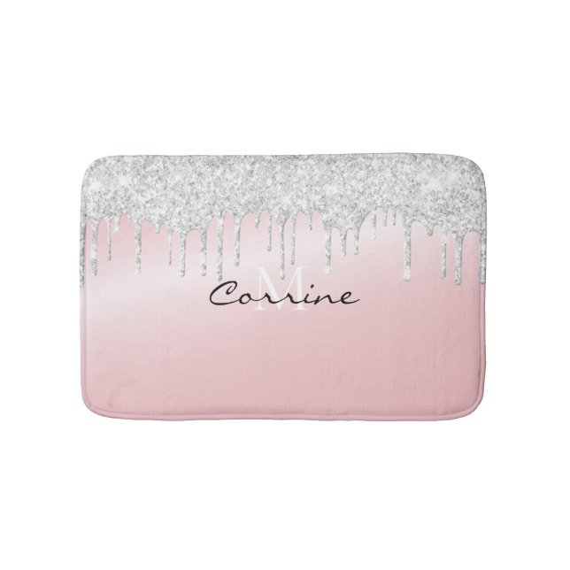 Monogram Metallic Pink & Platinum Glitter Dripping Bath Mat (Front)