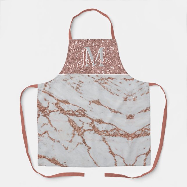Monogram Metallic Pink Rose Gold Marble & Glitter Apron (Front)