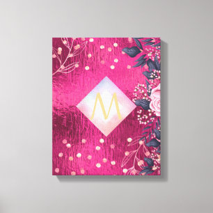 Monogram Metallic Pink Rosegold Navy Glitter Girly Canvas Print