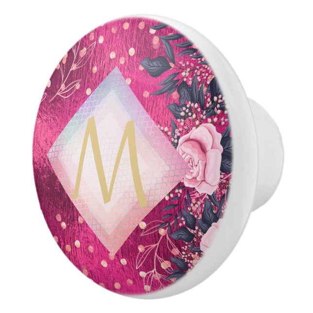 Monogram Metallic Pink Rosegold Navy Glitter Girly Ceramic Knob (Right)