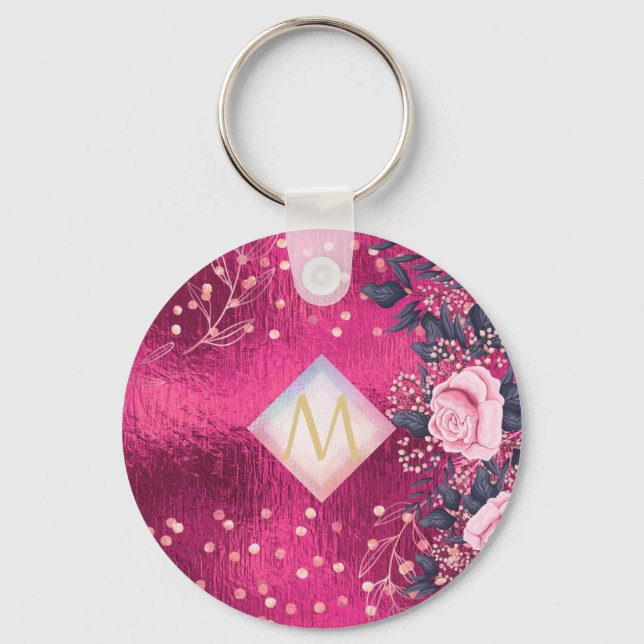 Monogram Metallic Pink Rosegold Navy Glitter Girly Key Ring (Front)