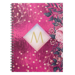 Monogram Metallic Pink Rosegold Navy Glitter Girly Notebook