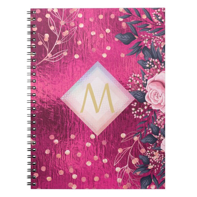 Monogram Metallic Pink Rosegold Navy Glitter Girly Notebook (Front)