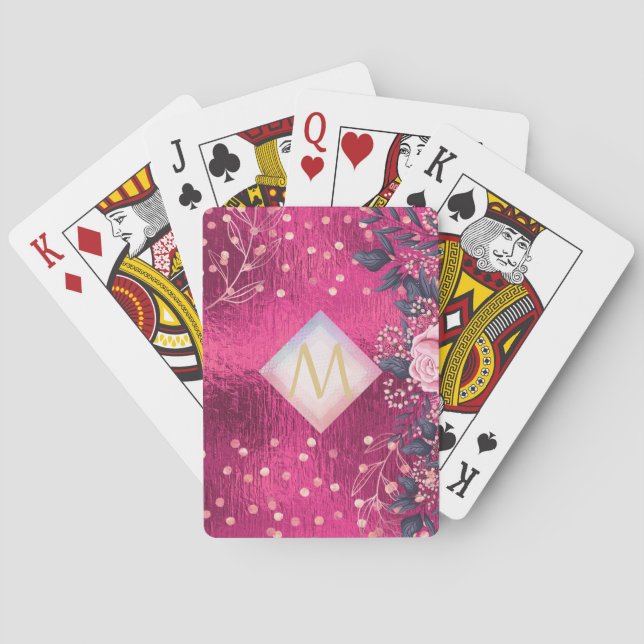 Monogram Metallic Pink Rosegold Navy Glitter Girly Playing Cards (Back)