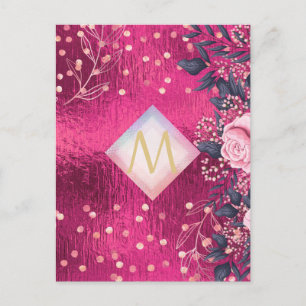 Monogram Metallic Pink Rosegold Navy Glitter Girly Postcard
