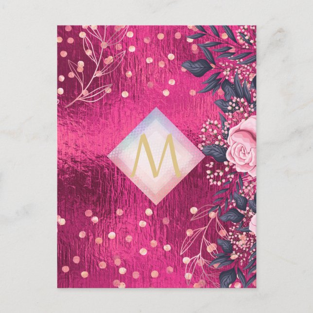 Monogram Metallic Pink Rosegold Navy Glitter Girly Postcard (Front)