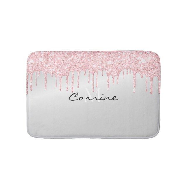 Monogram Metallic Platinum & Pink Glitter Dripping Bath Mat (Front)