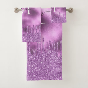 Monogram Metallic Purple Violet Dripping Glitter Bath Towel Set