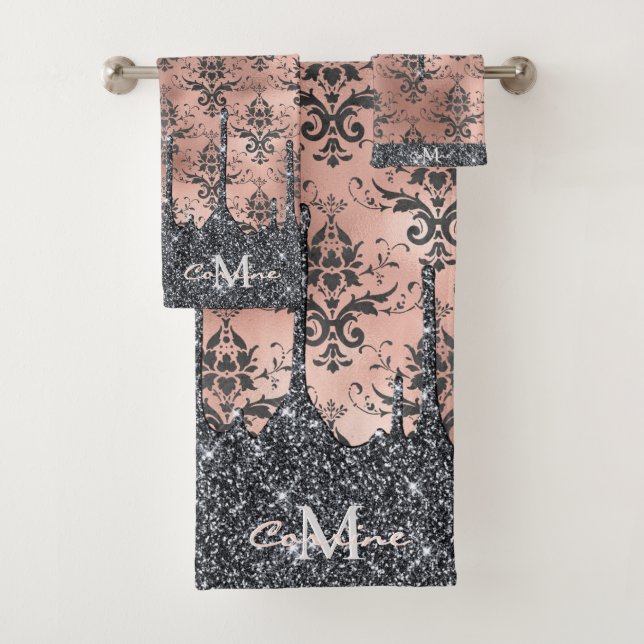 Monogram Metallic Rose Gold & Black Glitter Damask Bath Towel Set (Insitu)
