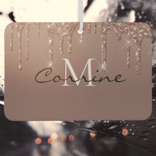 Monogram Metallic Rose Gold Dripping Glitter Car Air Freshener