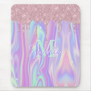 Monogram Metallic Rose Gold Glitter & Iridescent Mouse Pad