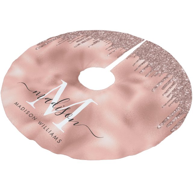 Monogram Metallic Rose Gold Pink Glitter Drips Brushed Polyester Tree Skirt (Angled)