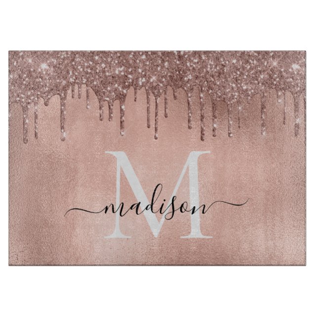 Monogram Metallic Rose Gold Pink Glitter Drips Cutting Board (Front)