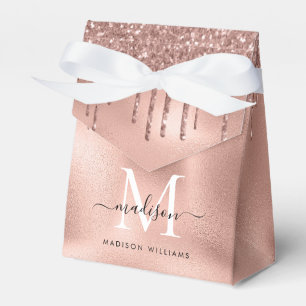 Monogram Metallic Rose Gold Pink Glitter Drips Favour Box