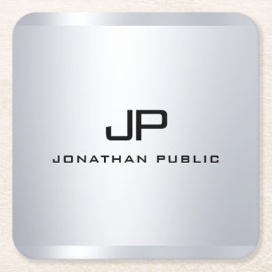 Monogram Metallic Silver Look Template Elegant Square Paper Coaster
