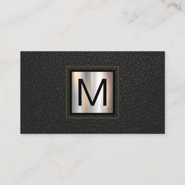 Monogram Metallic | Yellow Stitched Black Leather Business Card (Front)