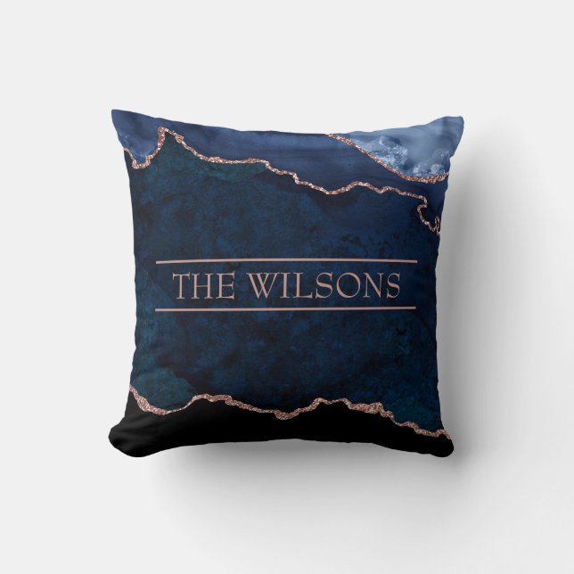 Monogram Midnight Blue Abstract Elegant Marble Cushion (Front)