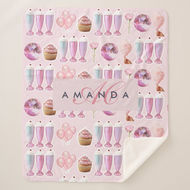Monogram Milkshake Cute Blush Pink Retro Gifts Sherpa Blanket (Front)