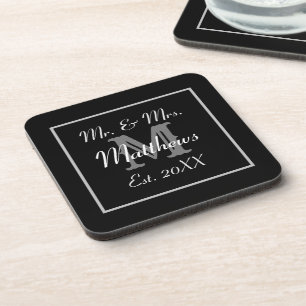 Monogram Minimal   Black and White Wedding Coaster