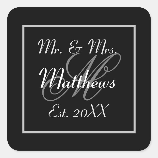 Monogram Minimal Black and White Wedding Favour Square Sticker (Front)