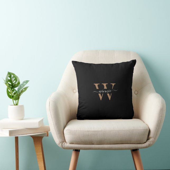 Monogram Minimal Elegant Black Gold Script Name  Cushion (Chair)