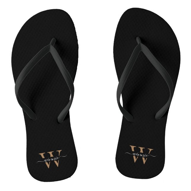 Monogram Minimal Elegant Black Gold Script Name  Jandals (Footbed)