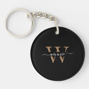 Monogram Minimal Elegant Black Gold Script Name  Key Ring
