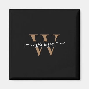 Monogram Minimal Elegant Black Gold Script Name  Magnet