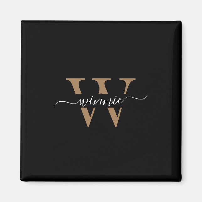 Monogram Minimal Elegant Black Gold Script Name  Magnet (Front)
