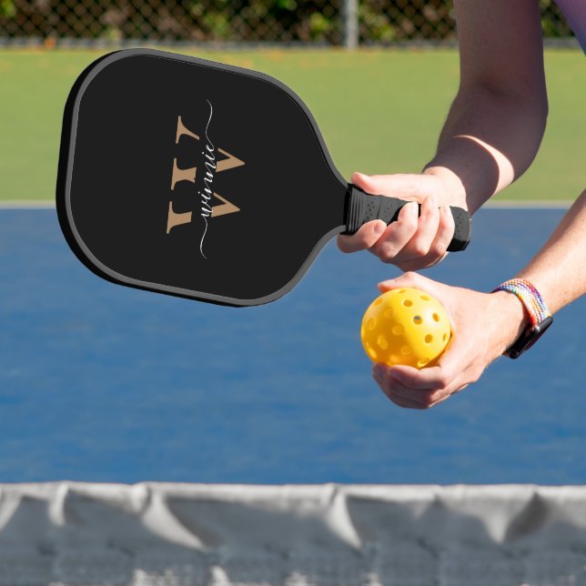 Monogram Minimal Elegant Black Gold Script Name  Pickleball Paddle (Insitu)