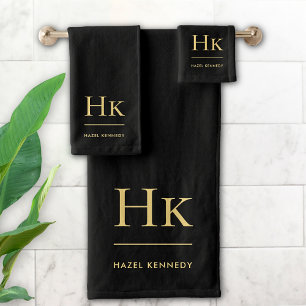 Monogram Minimal Elegant Black Gold Stylish Chic Bath Towel Set