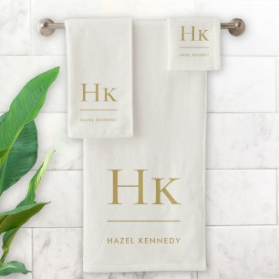 Monogram Minimal Elegant Ivory Gold Stylish Simple Bath Towel Set