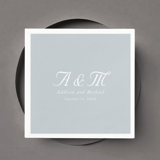 Monogram, Minimal, Elegant, Powder Blue, Wedding Napkin (Monogram, Minimal, Elegant, Powder Blue, Wedding Napkins with your names and date.)