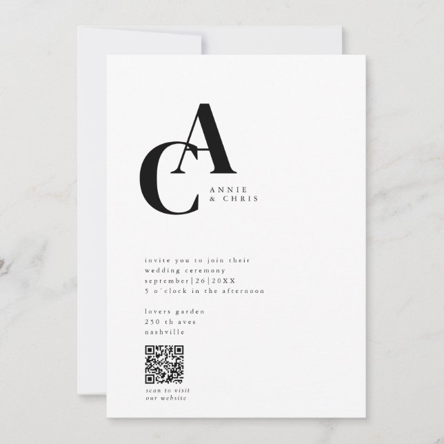 Monogram, minimal, modern, QR code, Invitation (Front)