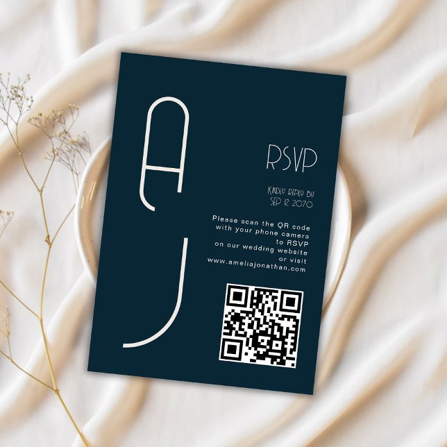 Monogram Minimal Wedding Qr Code Navy RSVP  Card (Creator Uploaded)