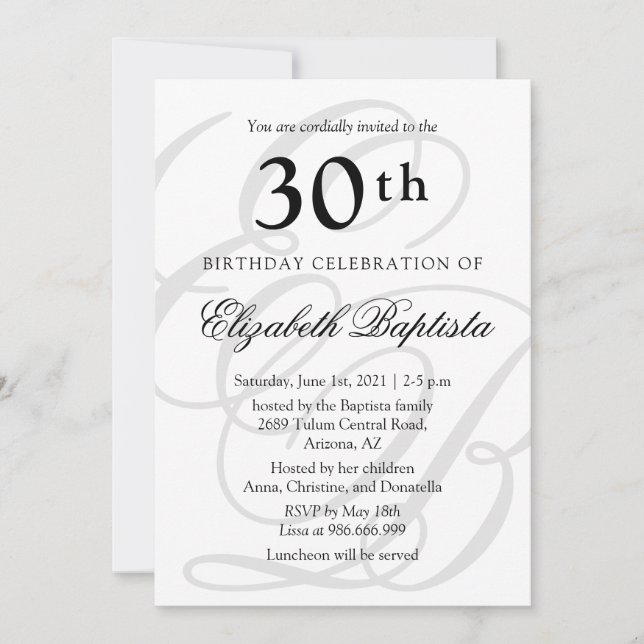 Monogram Minimalist 30th Birthday Party  Invitation (Front)