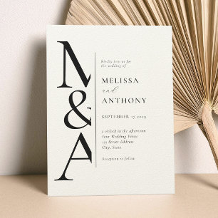 Monogram Minimalist Black and Ecru Modern Wedding Invitation