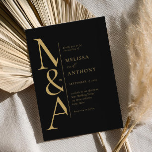 Monogram Minimalist Black and Gold Modern Wedding Invitation