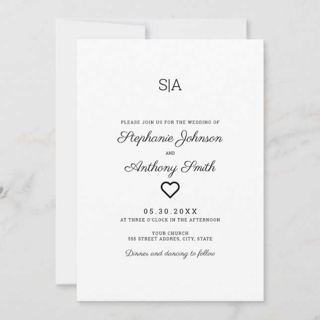 Monogram Minimalist Black and White Heart Wedding Invitation (Front)