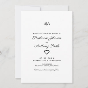 Monogram Minimalist Black and White Heart Wedding Invitation
